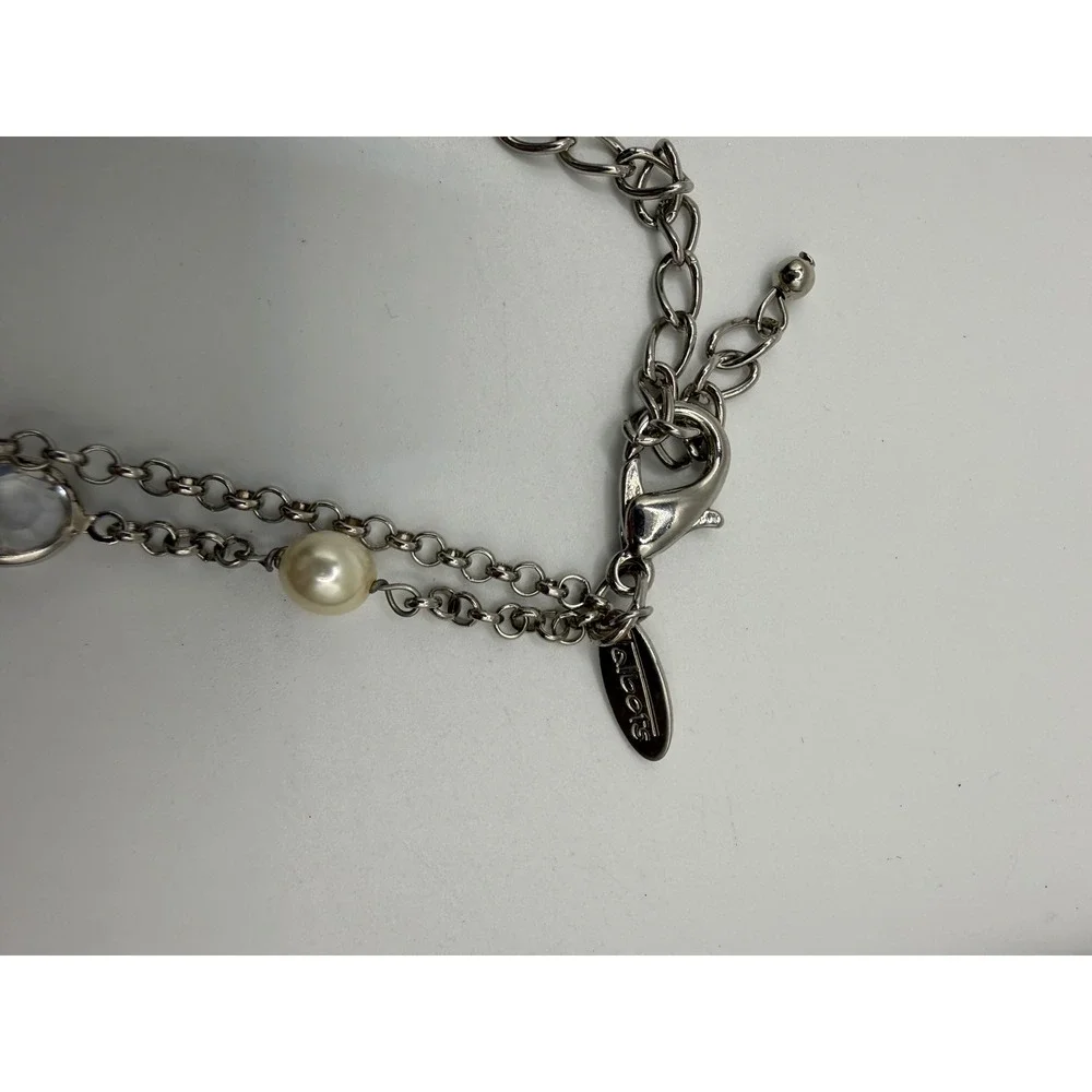 Talbots Silver Tone Faux Pearl and‎ Crystal Double Strand Necklace 18-21 Inch